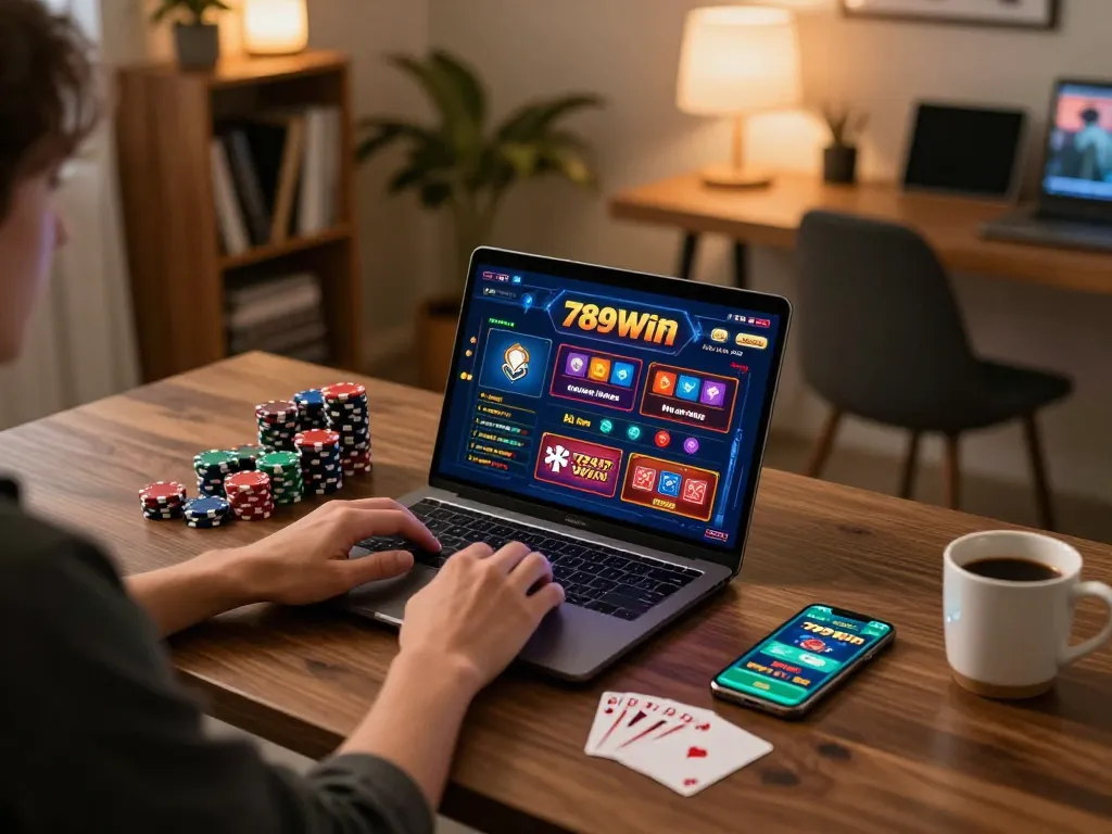 Engaging online gaming experience at 789Win with laptop setup displaying casino games.