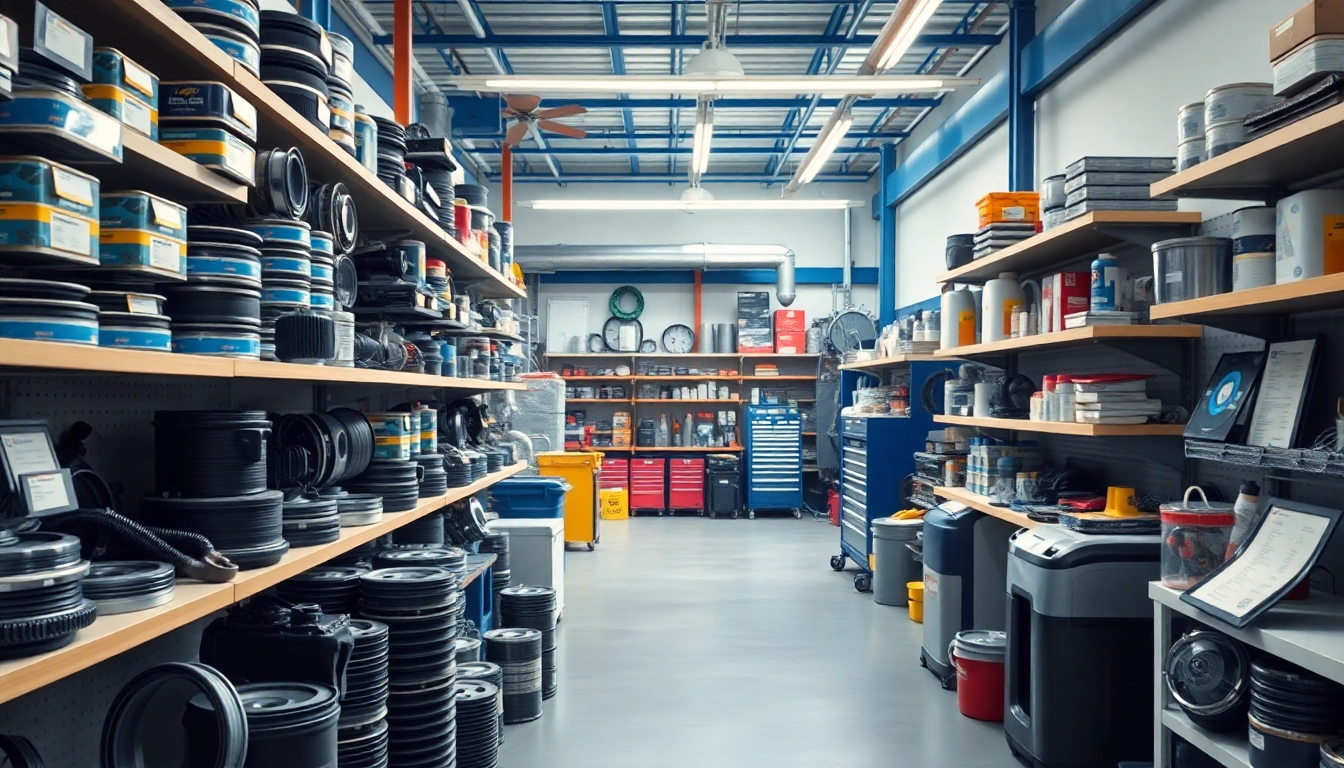 Examine OEM Replacement automotive parts organized in a professional garage setting with tools and equipment.