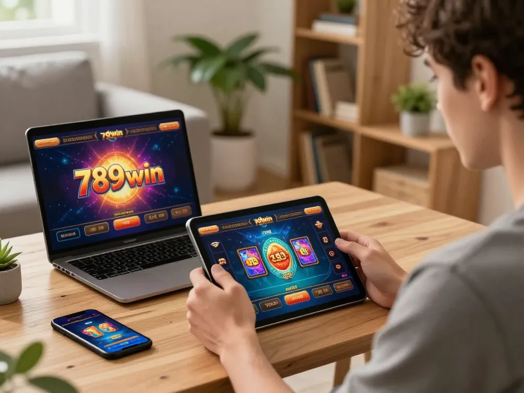 Engaged player interacts with the 789win online casino platform on a tablet in a cozy living room.