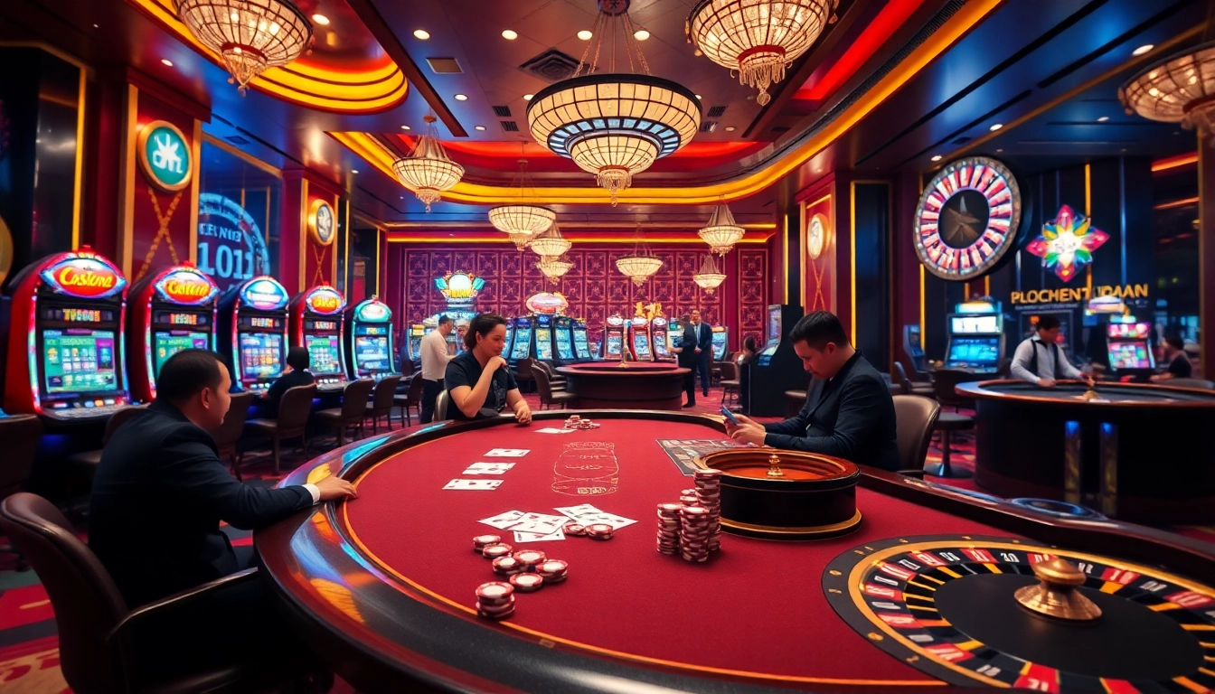 Engaging players at Trang Chủ Kuwin casino enjoying a vibrant poker game with colorful chips and cards.
