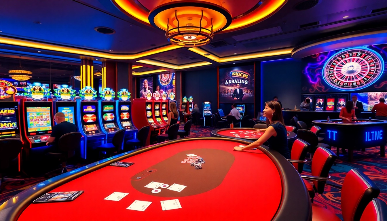 Exciting gambling scene at BIG88.BAR showcasing casino tables, slot machines, and poker chips.