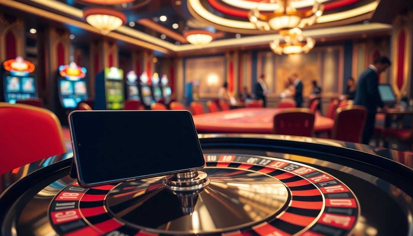 Engaging players at a casino table while showcasing the Samsung Galaxy S8 among vibrant gaming elements.