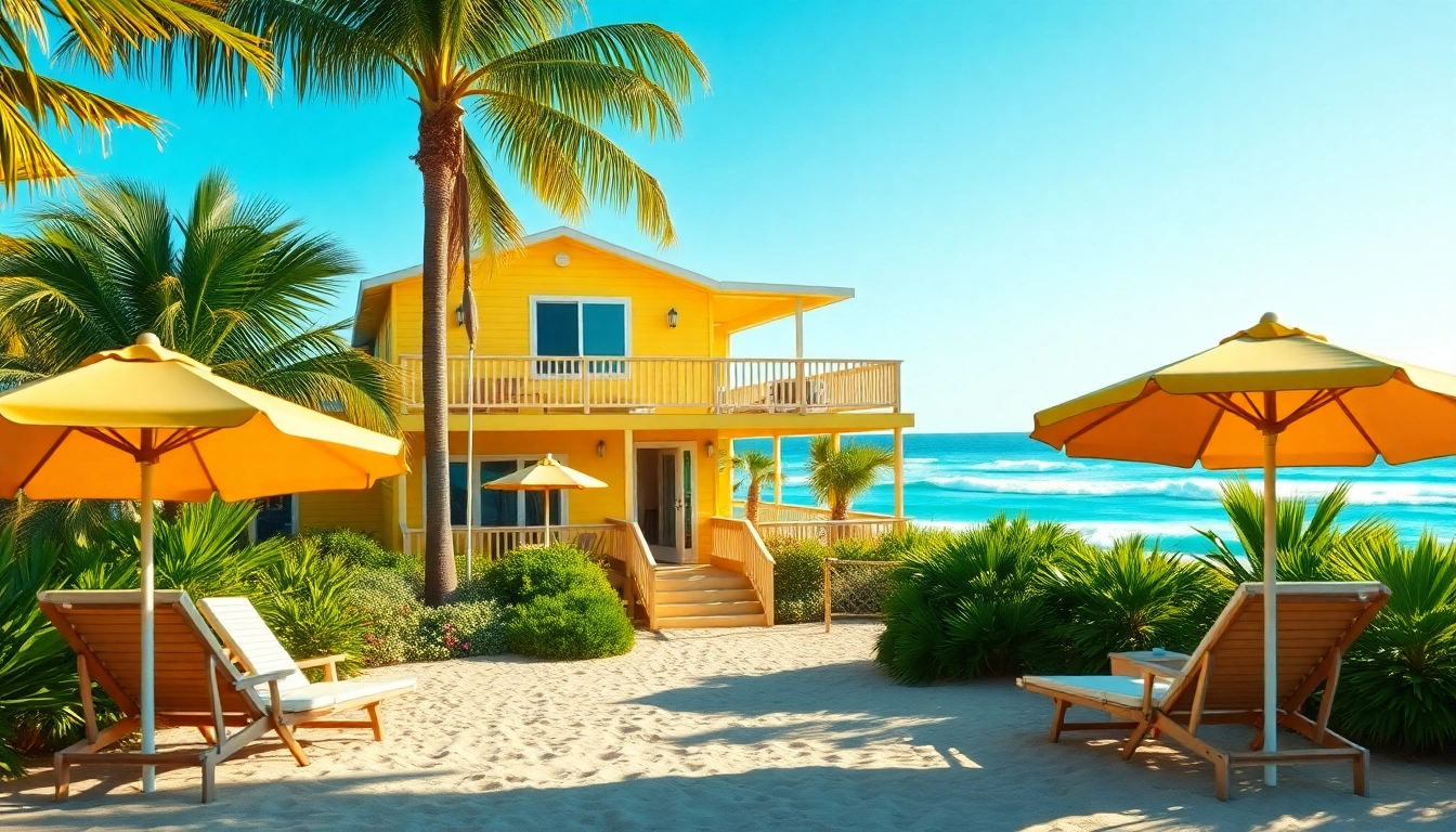 Enjoying a sunny day at coastal cabana with vibrant beach house and inviting palm trees.