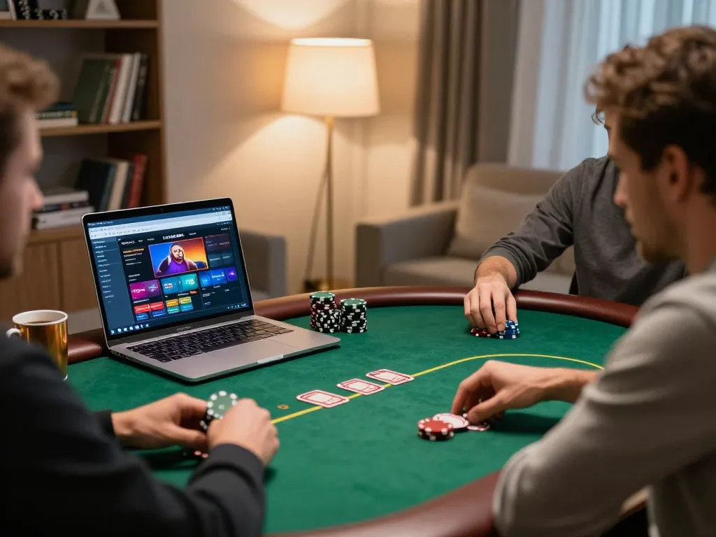 Pemain yang merencanakan strategi dalam permainan poker aneka4d di rumah, laptop menampilkan antarmuka langsung
