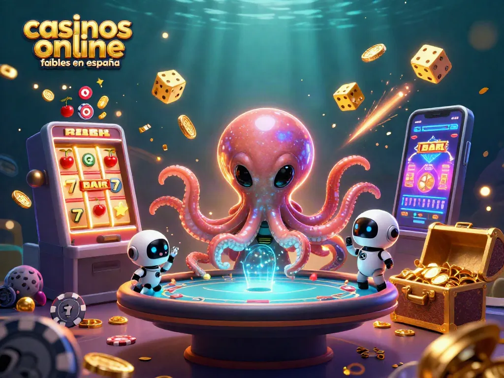 Ilustración de un octóno alienígena en un casino, simbolizando casinos online fiables en España con acción de juego.