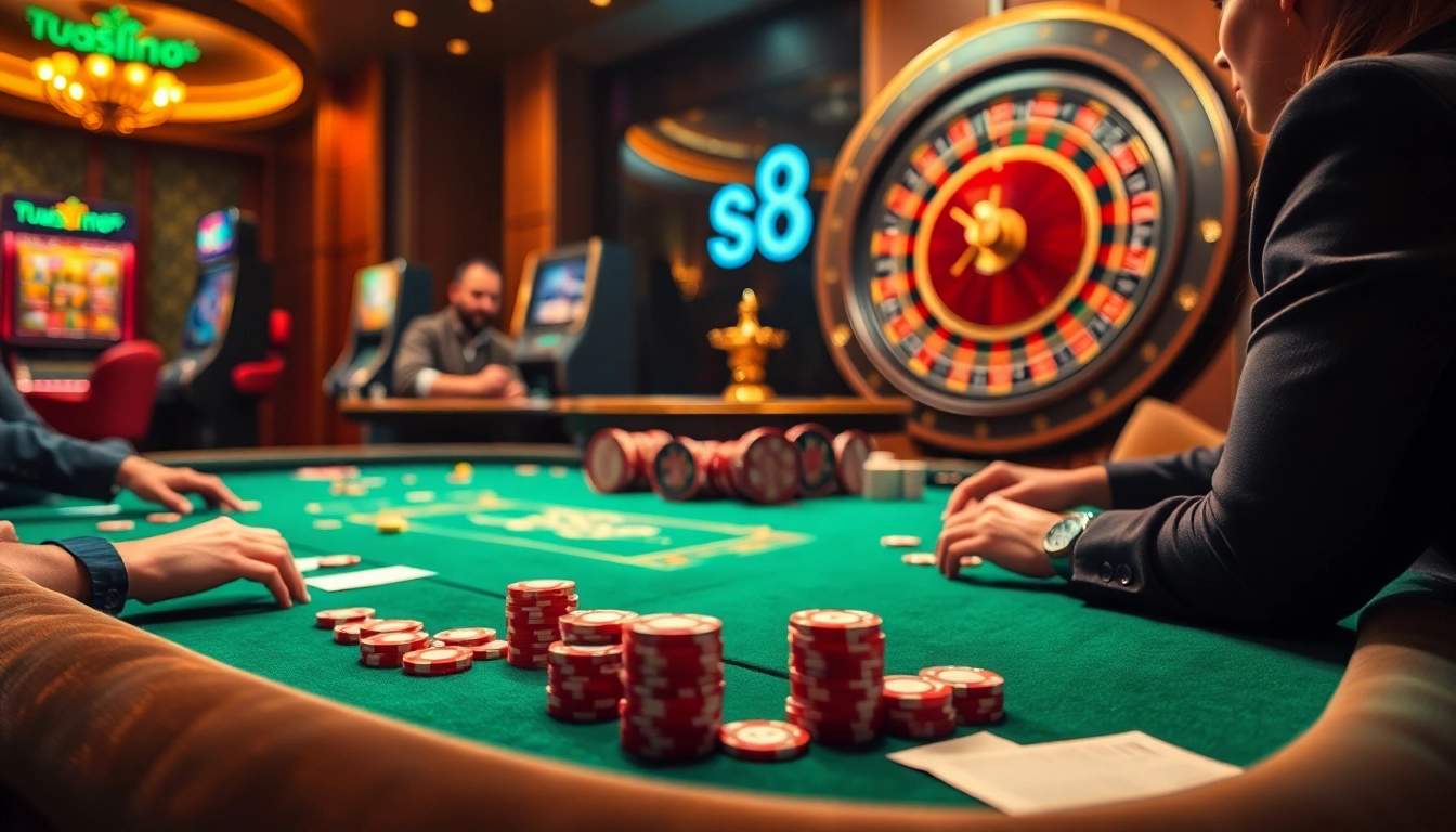 S8 gamblers placing bets at a vibrant casino table with poker chips and roulette wheel.