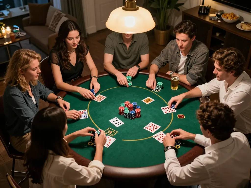 Experience competitive poker with tt88 at a friendly home game night, warm atmosphere with colorful poker chips.