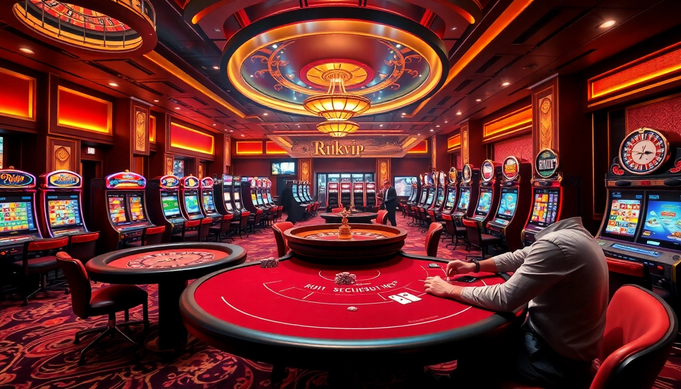 Exciting gaming action at Rikvip with poker tables, roulette wheels, and slot machines in a vibrant casino.