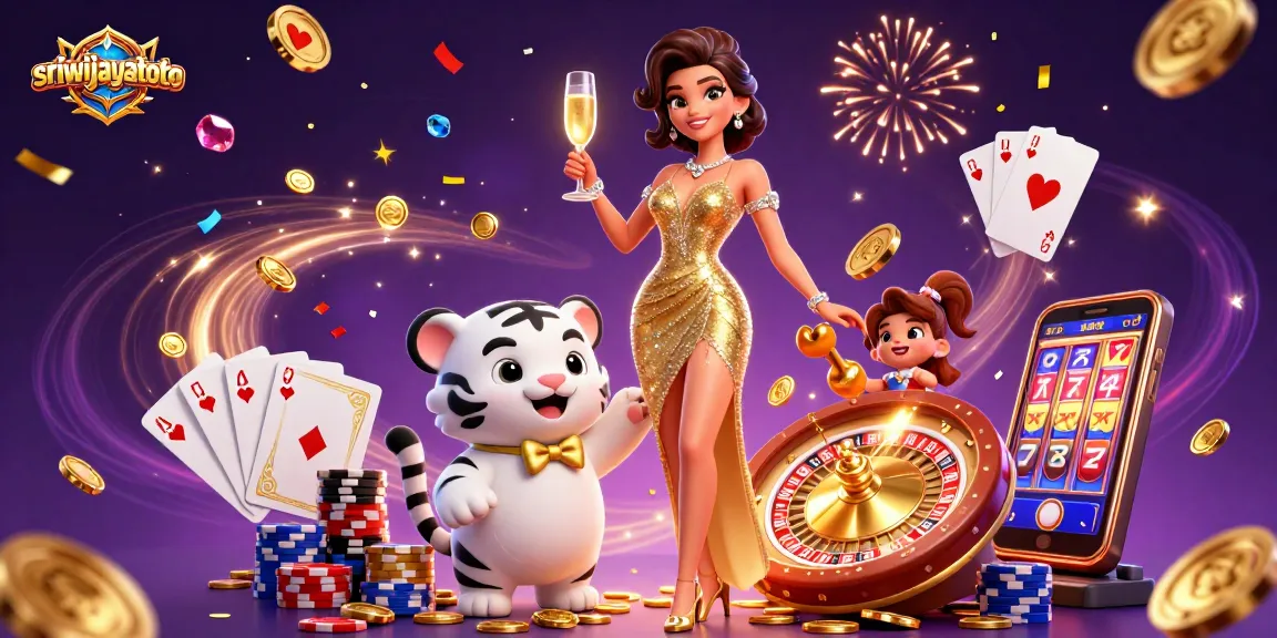 Sriwijayatoto showcases a glamorous scene with a sparkling lady and a lucky tiger cub amidst casino excitement.