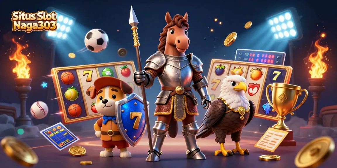 A dynamic display of Situs Slot Naga303 with a medieval knight, a playful puppy, and a falcon amidst flying slot elements and sports symbols.