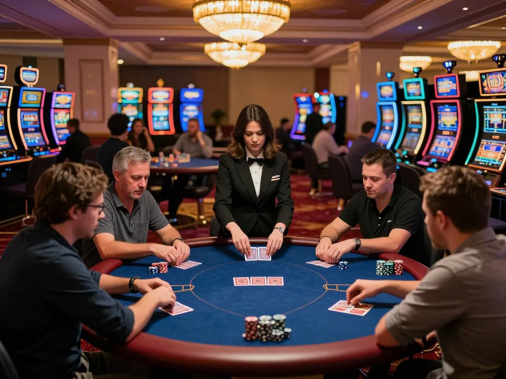 Players engaging in thrilling poker action at the casino while handling tr88 chips and cards