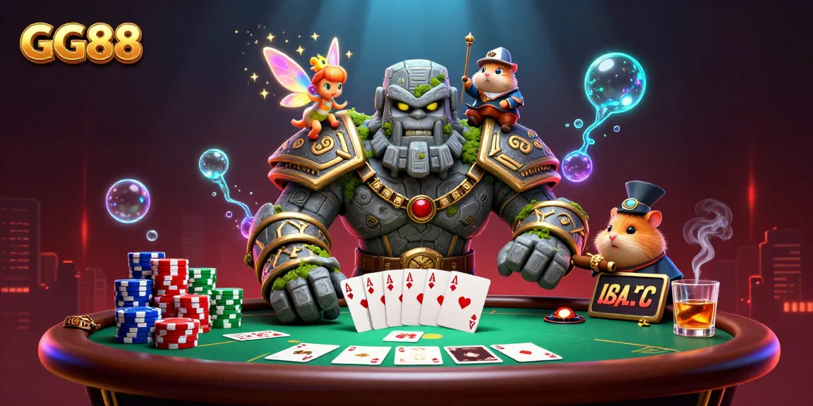 Engage in thrilling poker action with GG88's vibrant guardians in a magical casino scene.