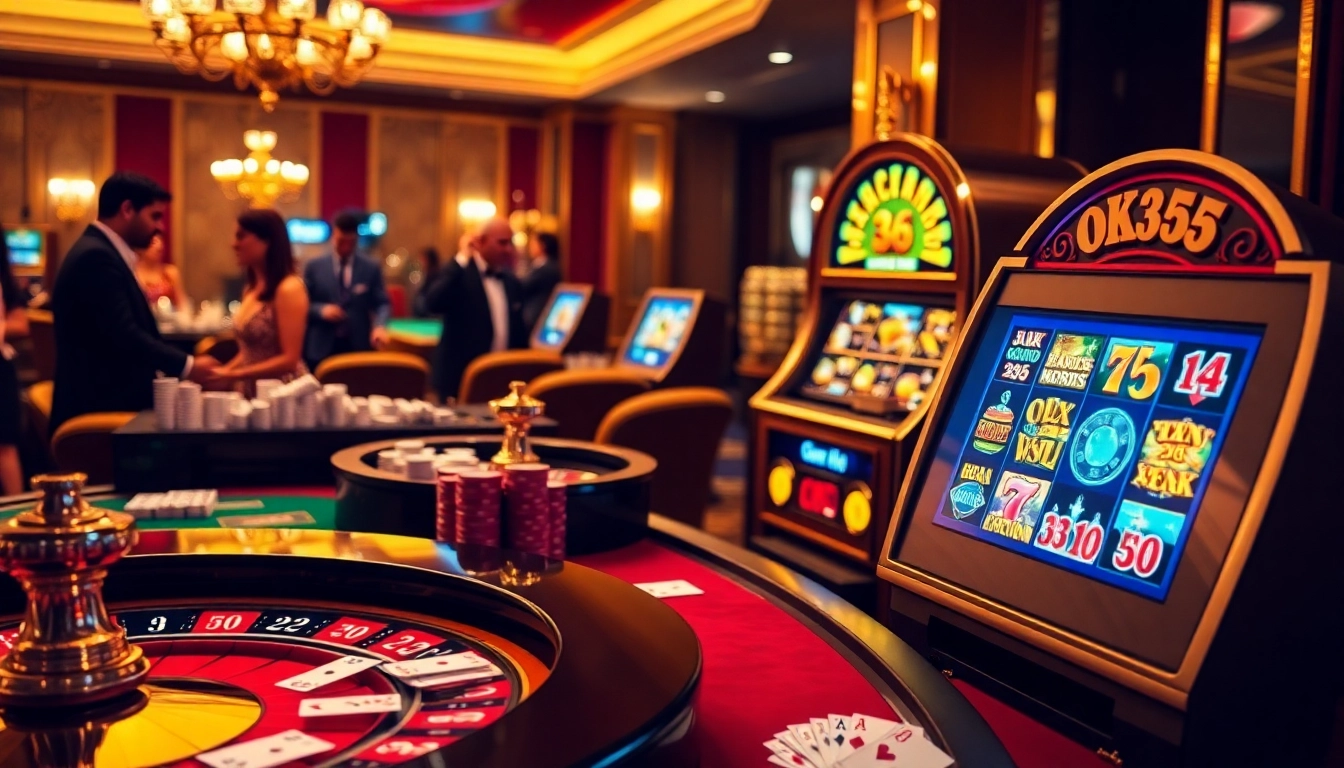 Engaging scene of gamblers playing at OK365 casino tables with lively atmosphere.