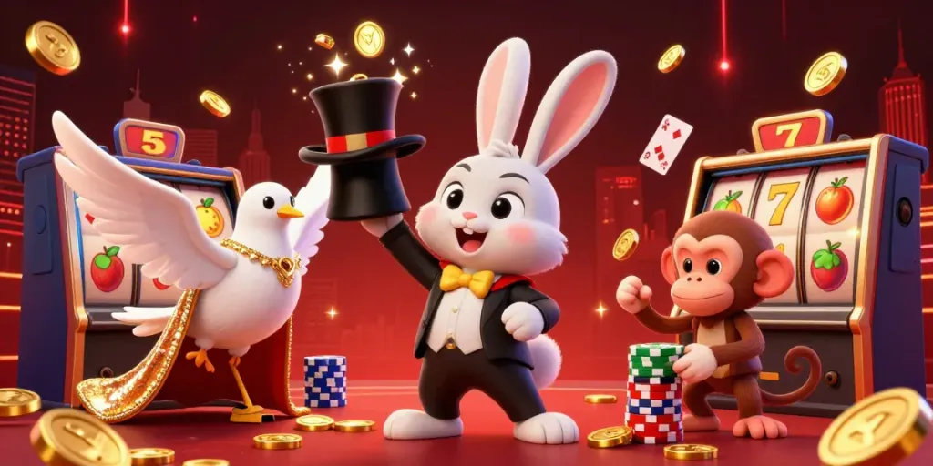 Janda slot menampilkan kelinci penyihir menarik koin emas di kasino yang meriah.