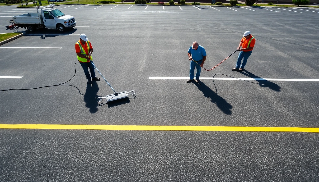 Parking lot striping Jackson Mississippi crew marking freshly paved asphalt for enhanced visibility.