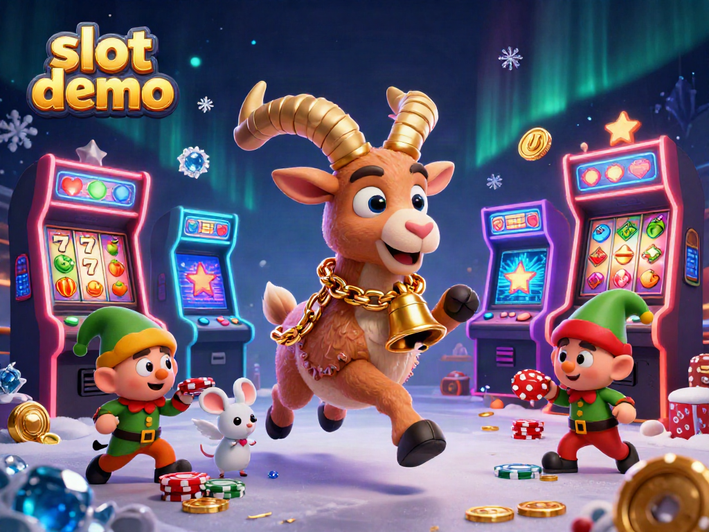 Engage with captivating slot demo featuring Krampus and playful characters in an immersive casino scene.