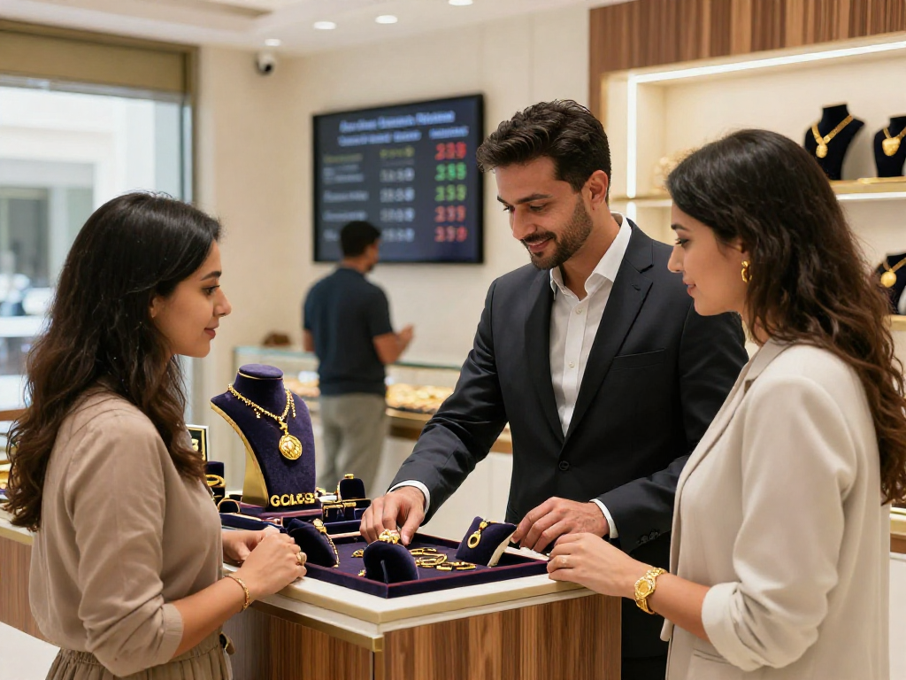 Customer exploring mantra88 gold jewelry in a modern Bahrain store.