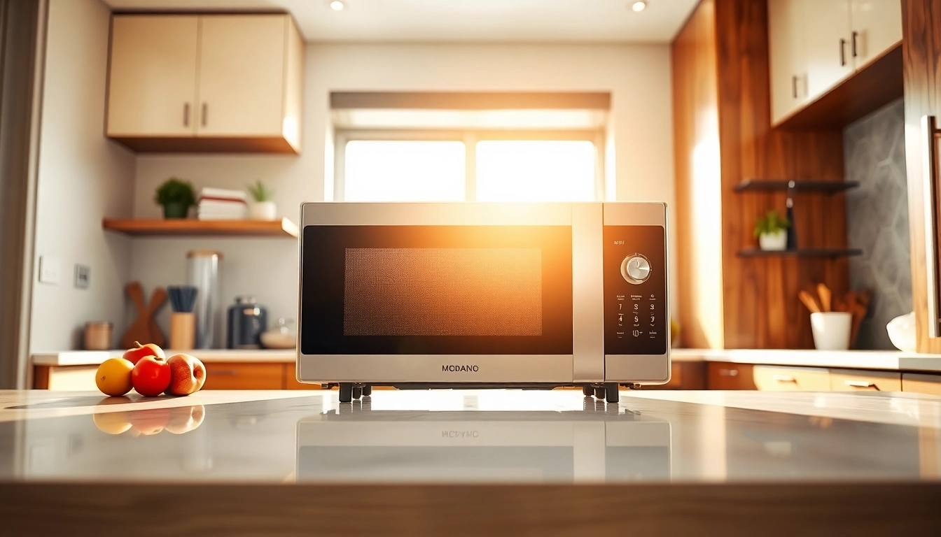 Highlight microwave oven sales with a sleek appliance showcased in a vibrant kitchen setting.