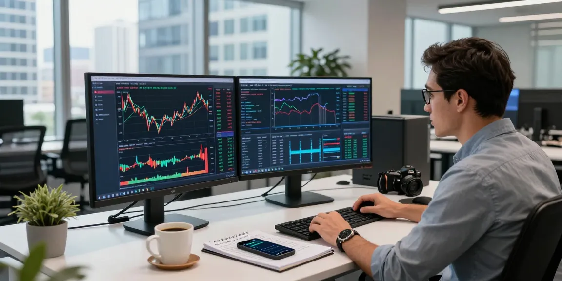 Trader analyzing live market data on mt5 platform in a modern office.