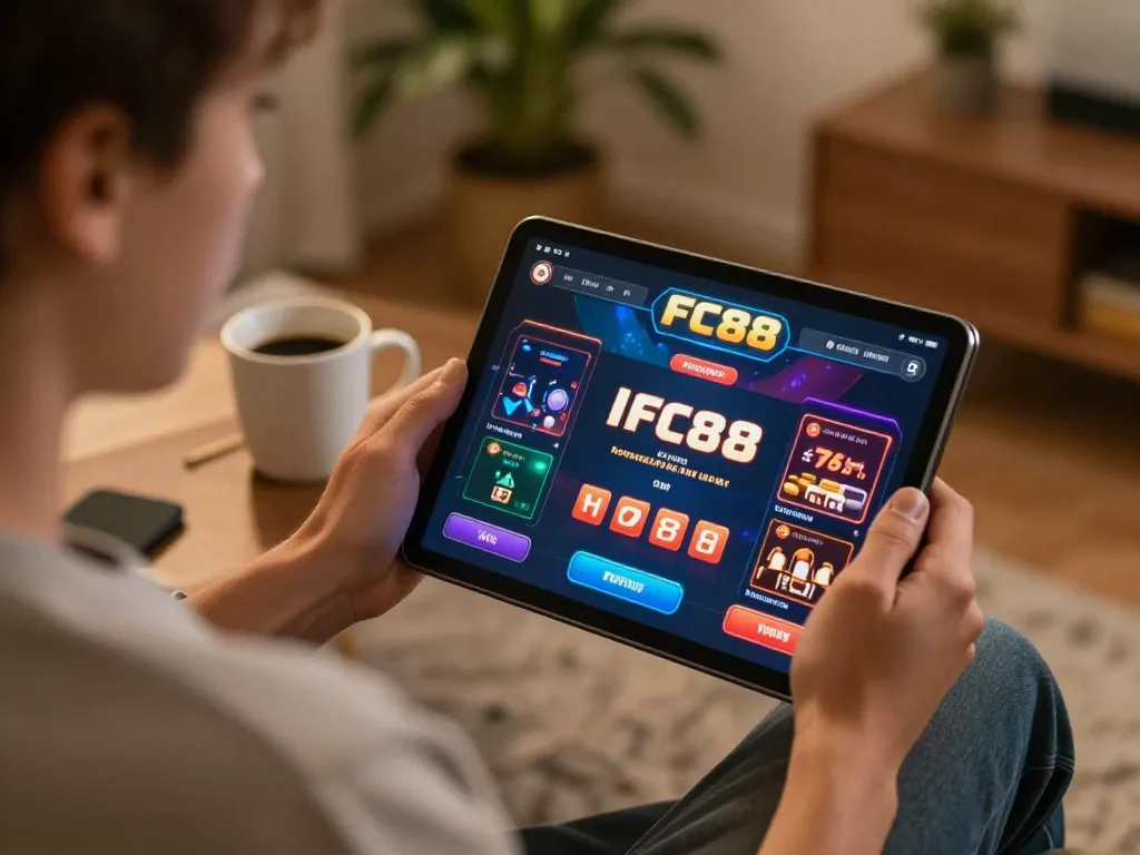 FC88 player engaging with online casino game on tablet at home, showcasing vibrant gaming interface.