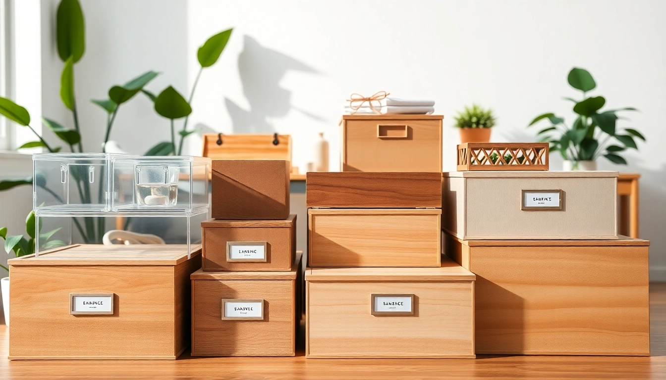 Organized storage box collection in a stylish home office setting.