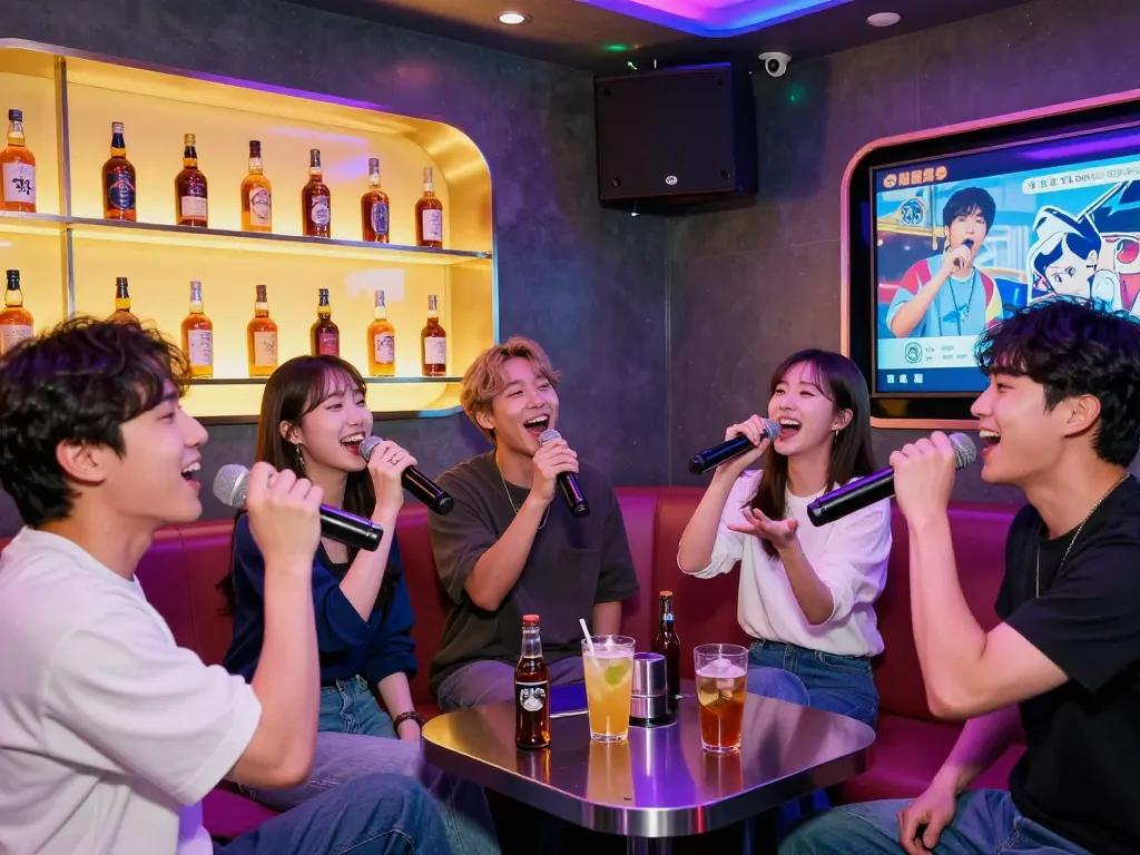Exciting 제주유흥 karaoke room scene with joyful guests singing and enjoying drinks together.