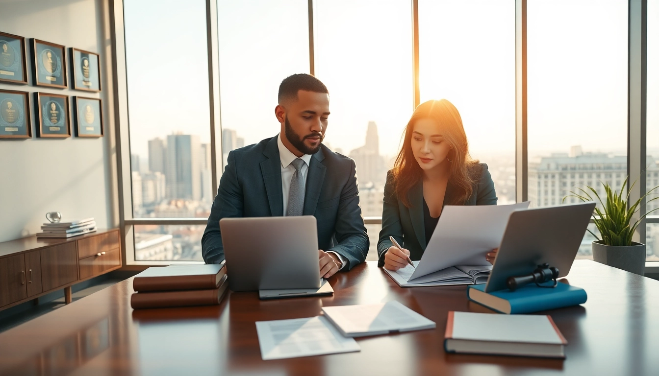 Engaged Atlanta Injury Lawyers discussing a case in a modern office.