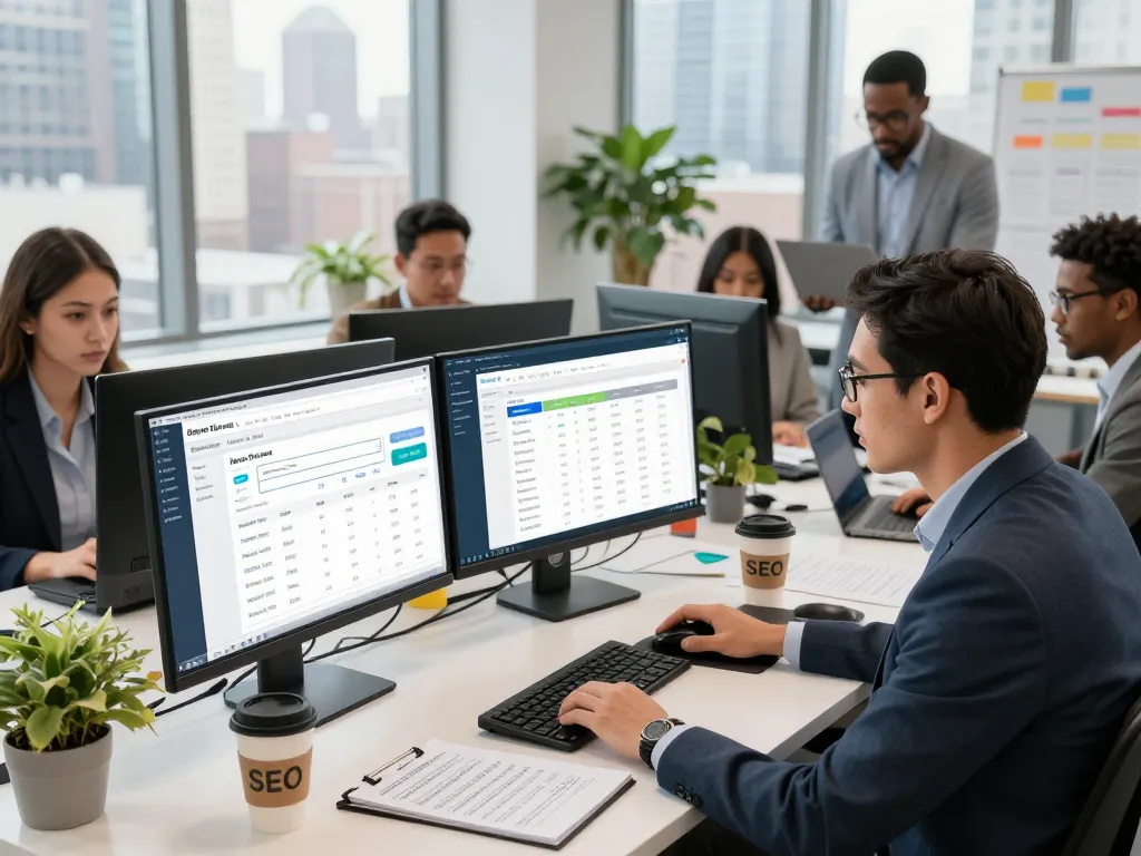 NYC SEO Company professionals collaborating in a vibrant workspace with analytics screens.