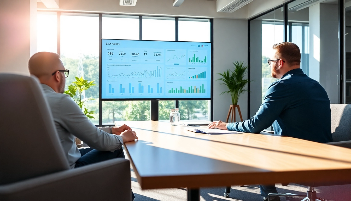Analyze SEO performance metrics in a collaborative office setting featuring diverse team members.
