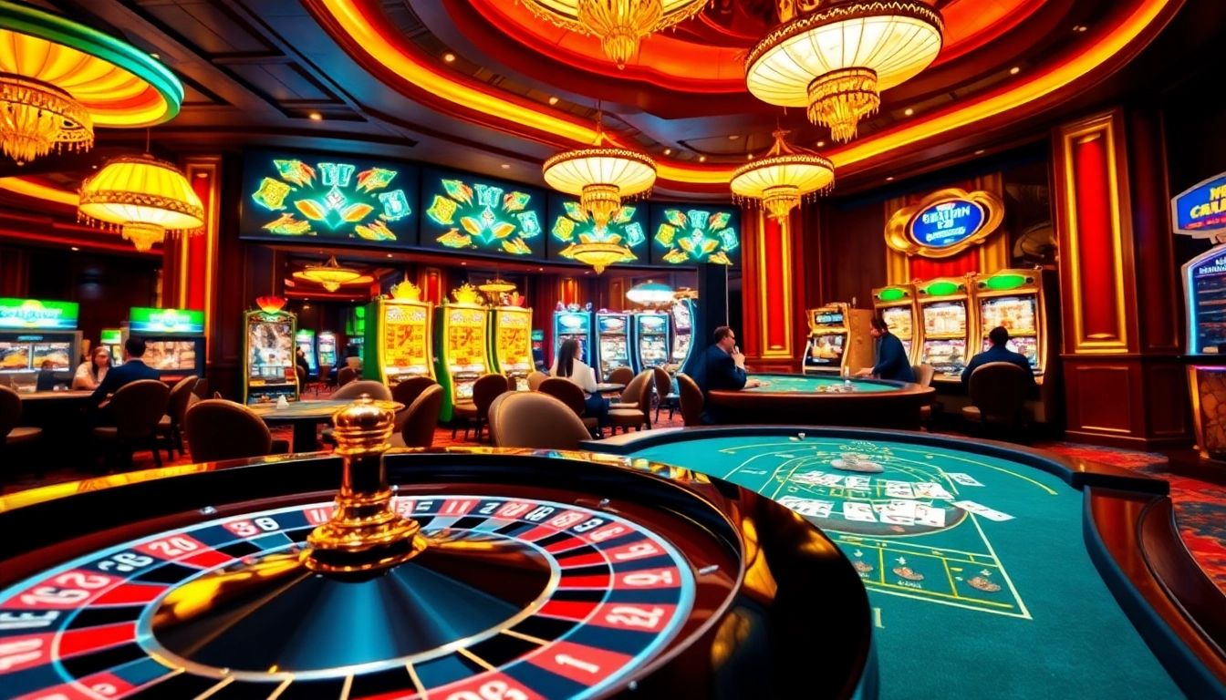 Engage in thrilling online gaming with đăng nhập okfun highlighted alongside a luxurious casino scene filled with vibrant slot machines and poker tables.
