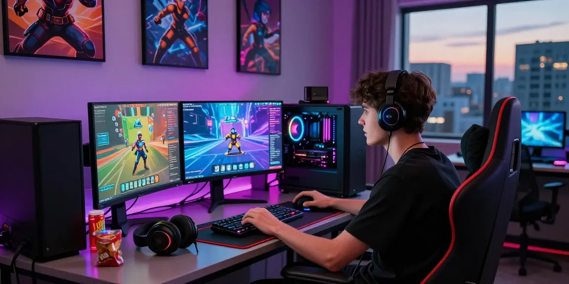 Dynamic gaming scene showcasing downloading MOD APKs amid vibrant tech decor and gaming equipment.