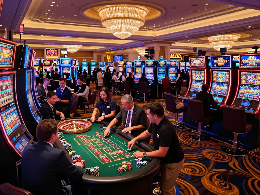 Adegan menarik pemain menikmati permainan mendebarkan di kasino paris888, dengan roulette dan mesin slot yang berwarna-warni meningkatkan kegembiraan.