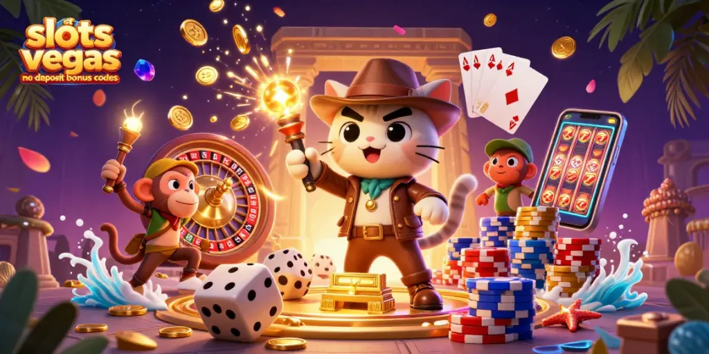 Engage in fun with slots of vegas no deposit bonus codes as a cat explorer uncovers treasure amid casino elements.