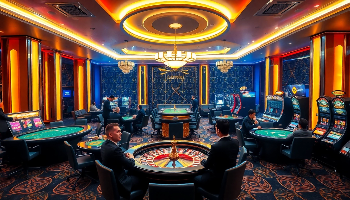 Players enjoying thrilling games at nhà cái 123WIN casino, surrounded by vibrant lights and excitement.
