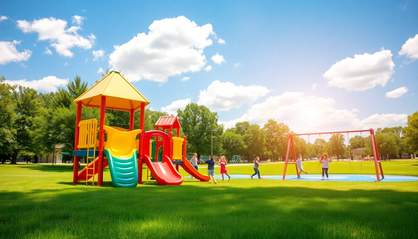Kids enjoying a vibrant playground equipment setup in a sunny park.