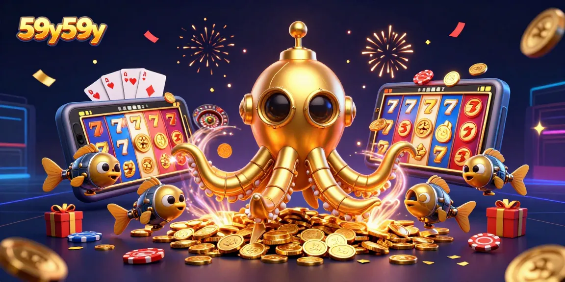 Engage with wild wins at 59y59y as a golden kraken submarine surfaces amidst thrilling slot game elements.