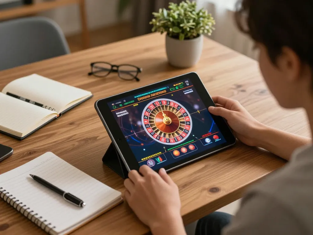 Engaging in an online casino game on f8betz, a player happily assessing their betting strategy.