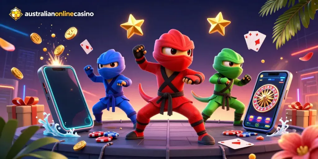 Watch the australianonlinecasino chameleon team in action, showcasing exciting casino elements and vibrant colors.