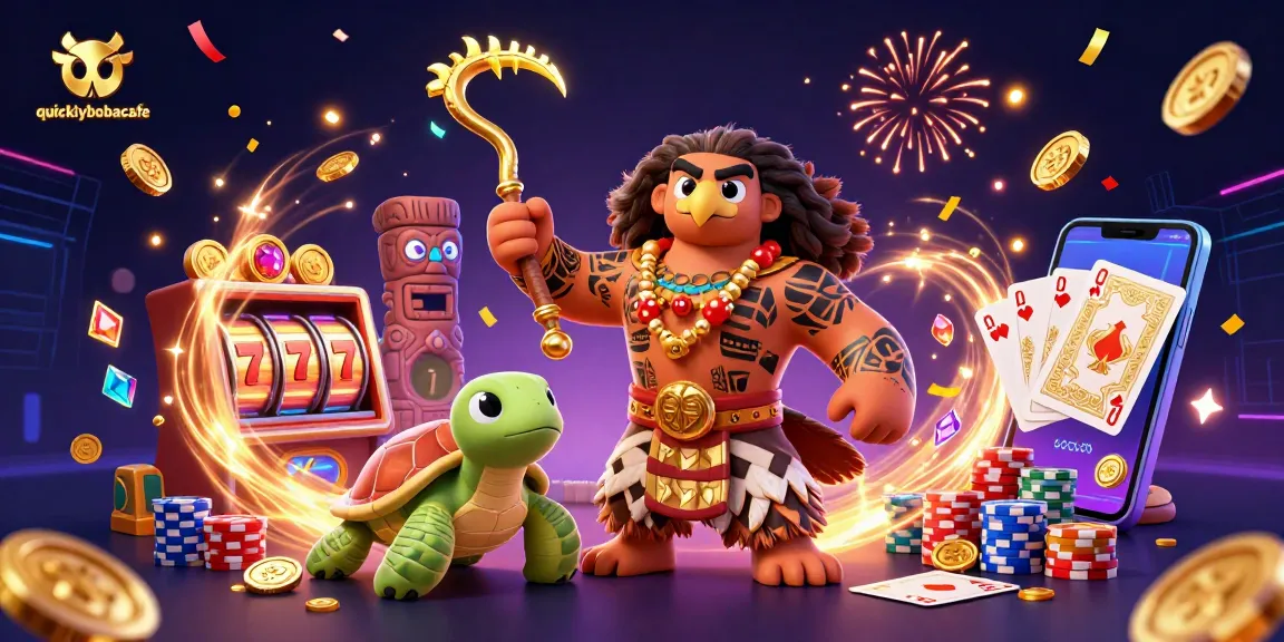Quicklybobacafe showcases thrilling casino action with a Polynesian demigod and slot machine excitement.