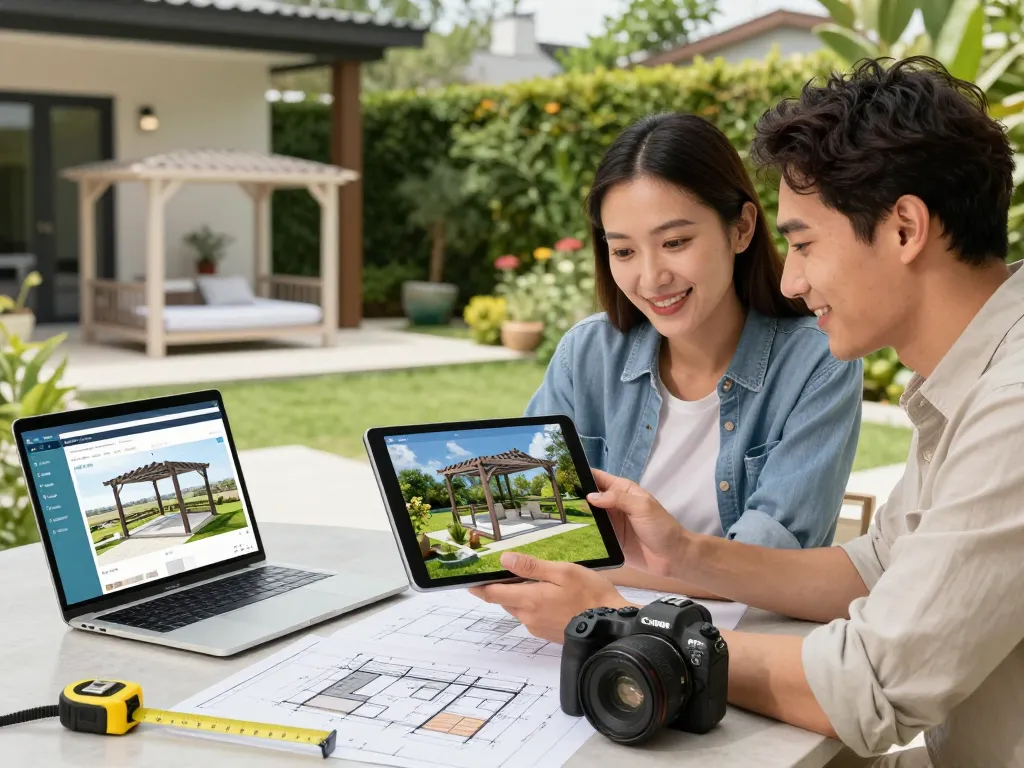 Couple using Pergola Sales Software to visualize and design a custom pergola in their garden.