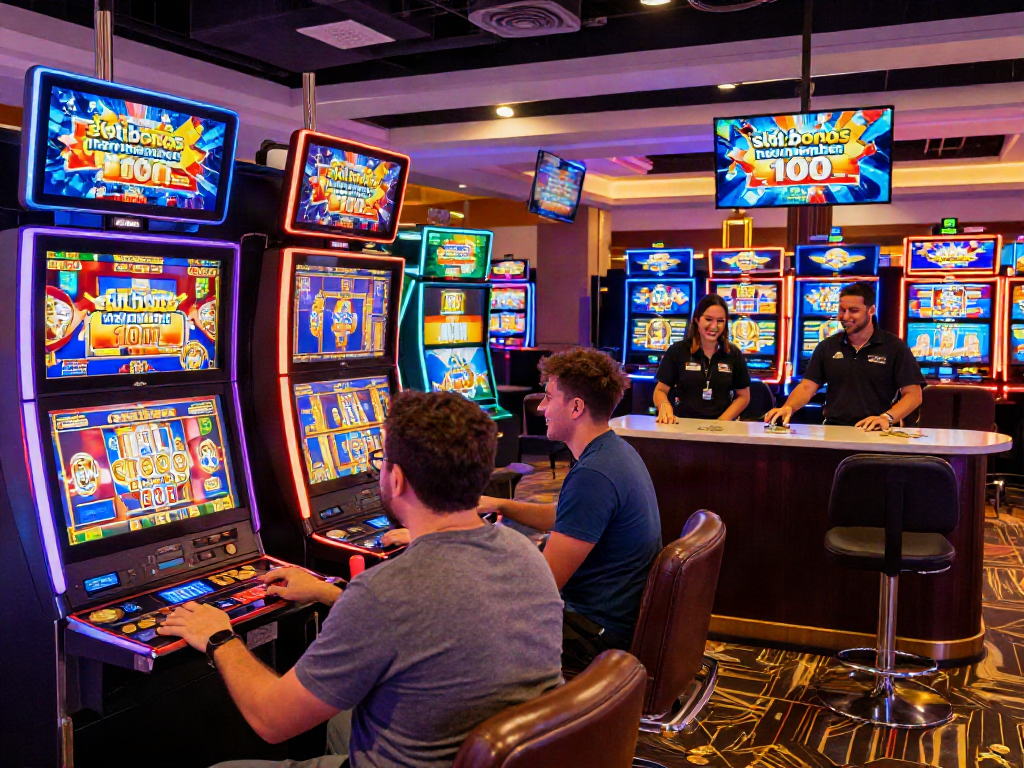 Thrilling casino scene showcasing slot machines with slot bonus new member 100 promotions, vibrant atmosphere.