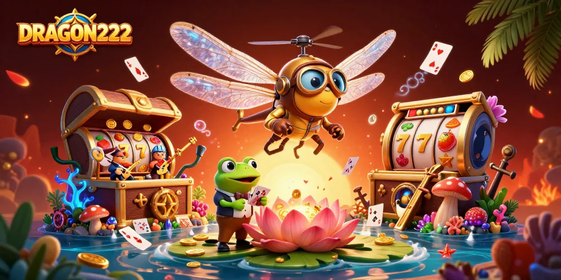 Experience thrilling wins with DRAGON222 at a vibrant lily pad casino scene featuring animated slot reels.