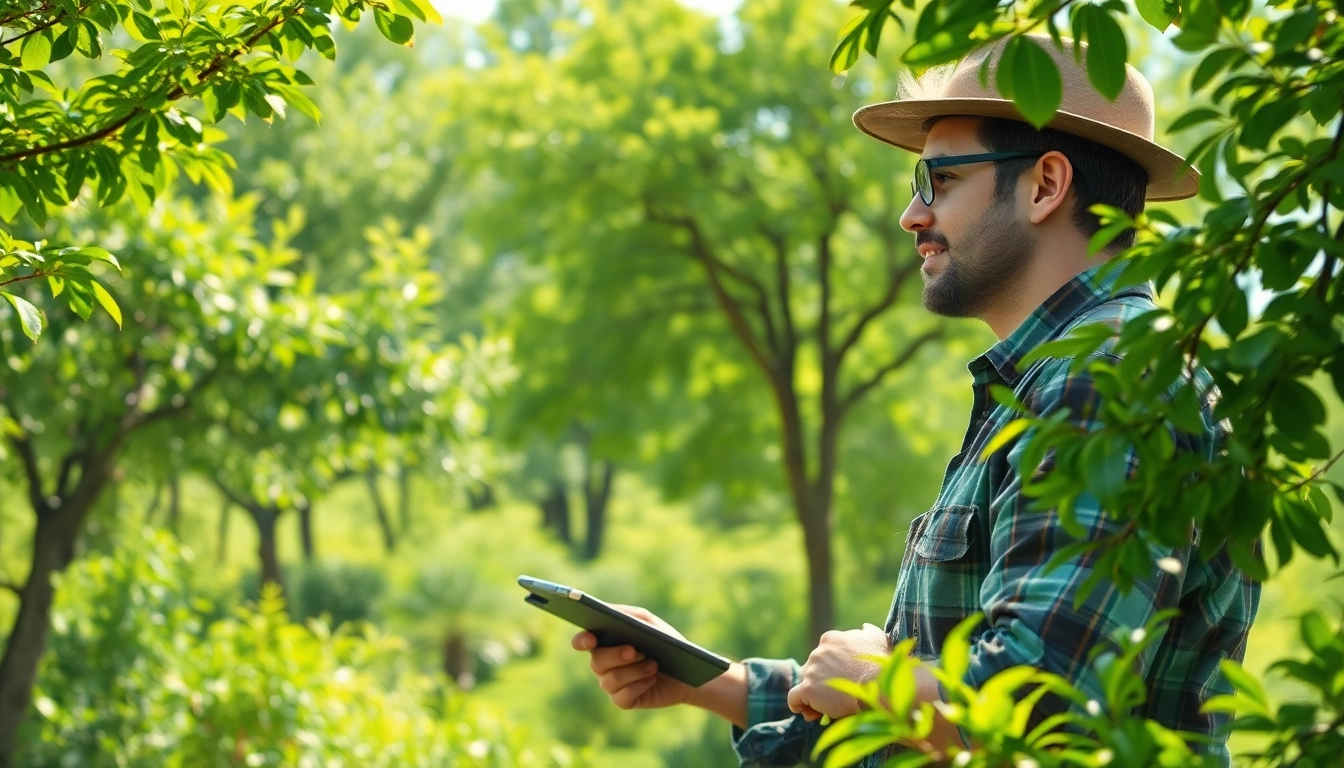 Black Mountain Tree Consultancy professional inspecting healthy trees in a vibrant landscape.