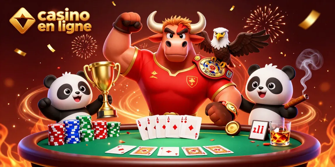 Visuel dynamique d'un casino en ligne avec un taureau, un aigle et un panda célébrant autour d'une table de poker.
