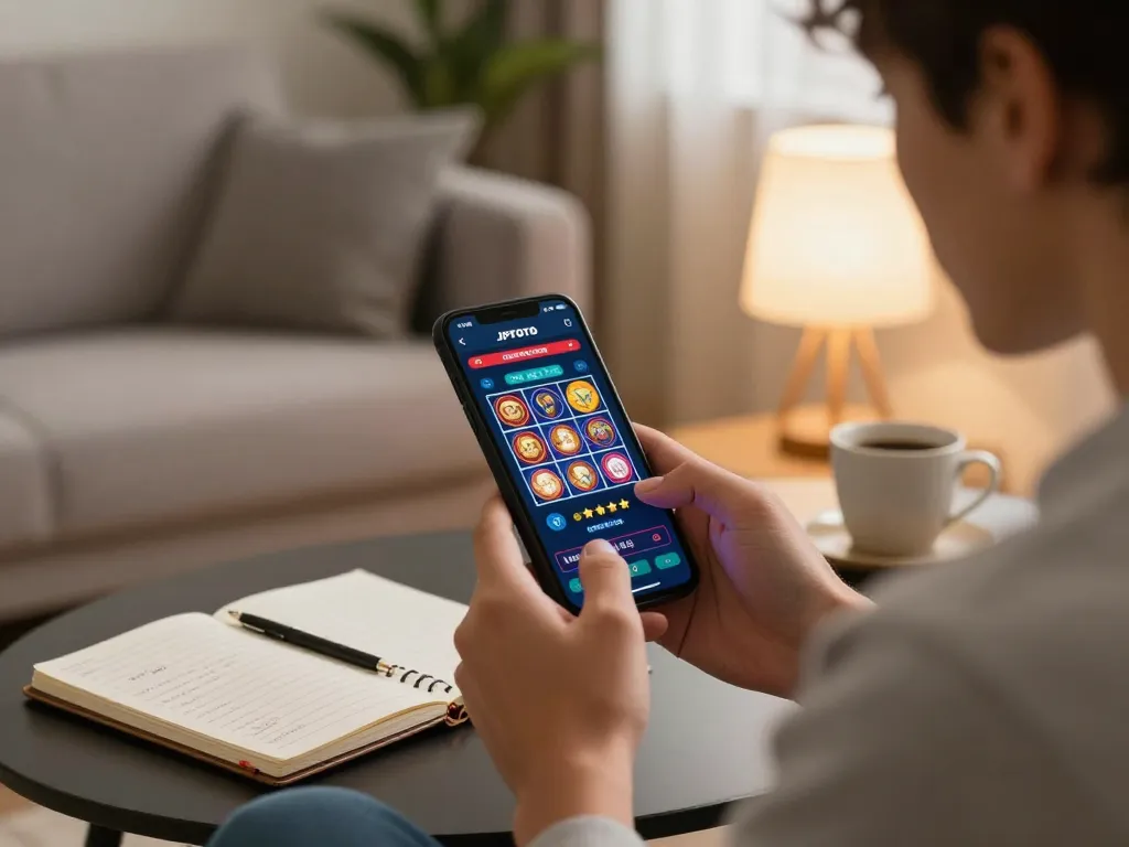 Engaging with the JPTOTO online casino app, a player enjoys a strategic gaming session in a cozy living room.
