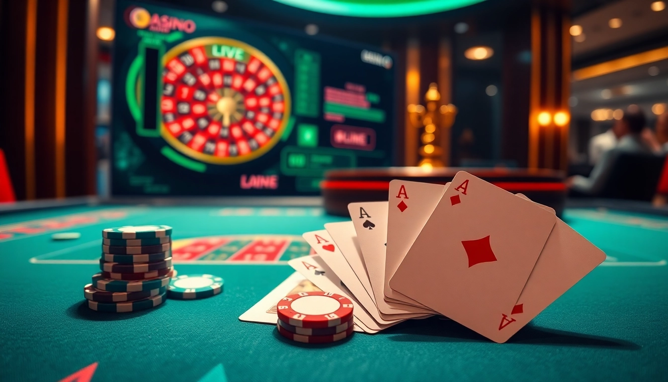 Scène passionnante de casino en ligne mettant en vedette des jetons de poker, des cartes et une roulette.