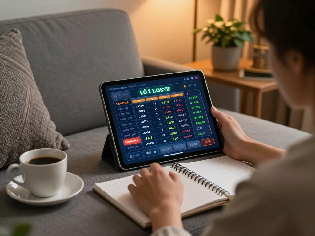 Engaging online player analyzing lô đề uy tín stats on tablet with cozy home setup.