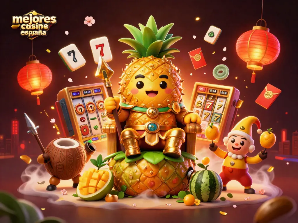 Disfruta de los mejores casinos online en España con el rey piña dorada y su guardia en escena.