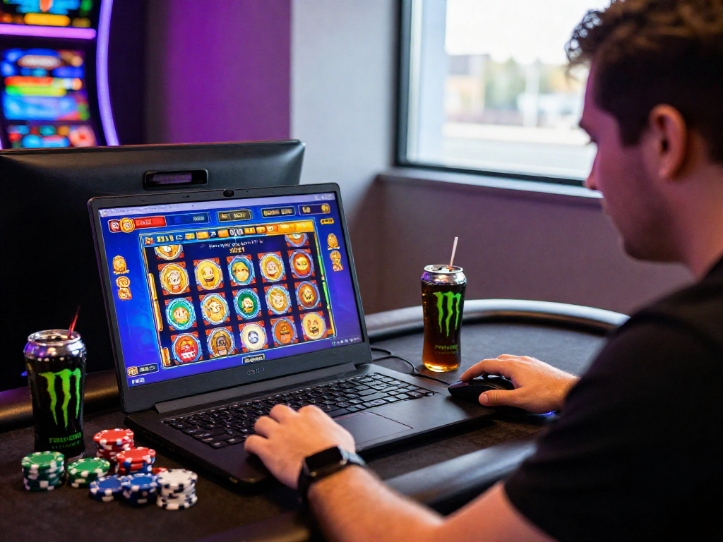 Joueur concentré sur un casino en ligne, jeux colorés à l'écran, ambiance animée.