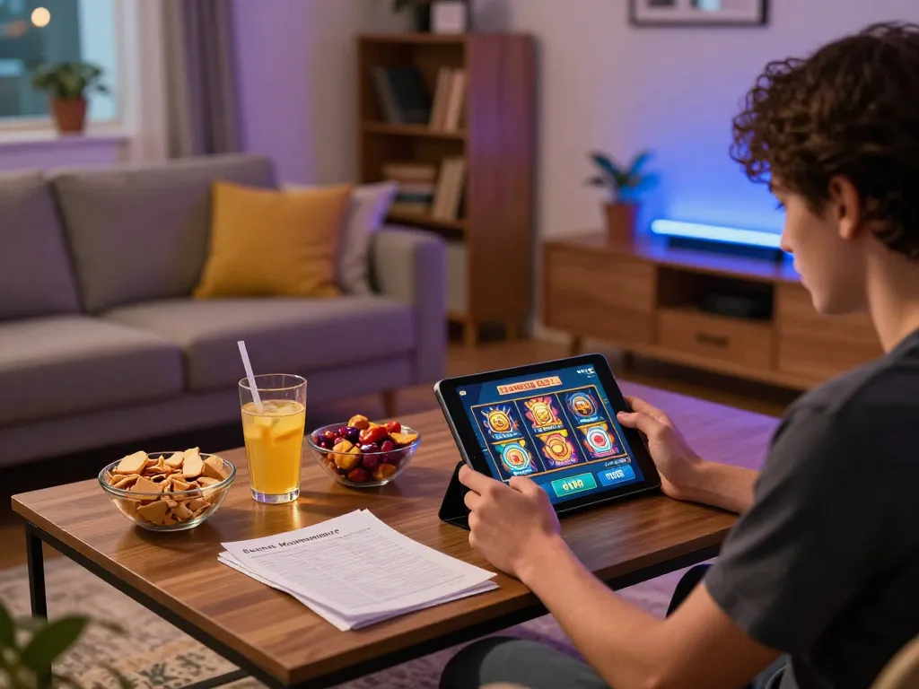 Engaging in slot kamboja bet 100 on a tablet while managing bankroll notes in a cozy home gaming setup.